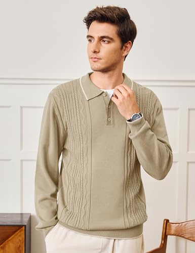Cotrasen Mens Sweater Polo Long Sleeve Casual Collared Button Textured Sweater Fashion Fall3