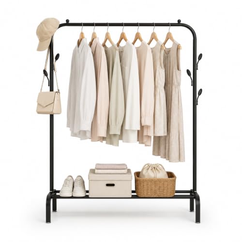 Image of LEOPAX Metal Clothes Rack for Hanging Clothes, Garment Rack with Bottom Shelf, Freestanding Portable Wardrobe Organizer for Bedroom, Laundry Room, Entryway, Clothes, Coats, Shoes & Bags, Black