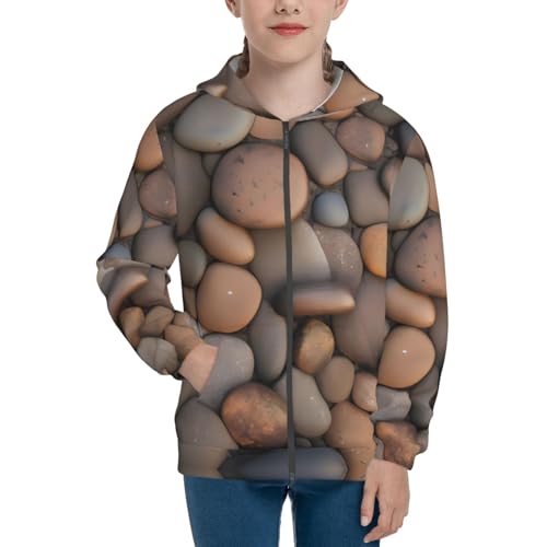 Medium Pebbles in the beach Print Girls Athletic Zip Up Hoodies,Sweatshirts with Pockets Long Sleeve Hooded Jackets, for 7-18 Y Black2