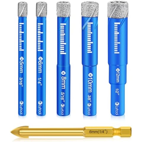 Lytool 6 PCs Dry Diamond Core Drill Bits Set for Porcelain Tile, Ceramic Drill Bits for Glass Hard Materials, Granite,Ceramic,Tile,Quartz Stone, Round Shank 3/16,1/4, 5/16,3/8,1/2 inch (not for Wood) Cover