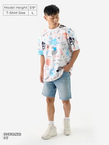 Image of The Souled Store Official Marvel: Creative Chaos Men and Boys Short Sleeves Round Neck Multicolor All Over Printed Cotton Oversized T-Shirts