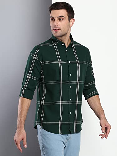 Image of Dennis Lingo Men's Plaid Blue Slim Fit Cotton Casual Shirt with Spread Collar & Full Sleeves