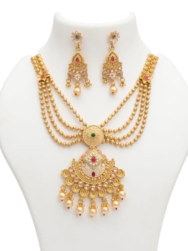 Image of Gold-Toned Traditional Multilayer Beaded Necklace Set with Kundan Pendant and Jhumka Earrings