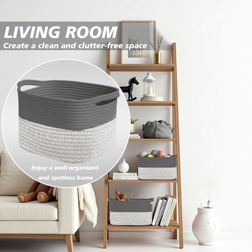 Image of Woven Storage Basket, Cotton Rope Closet Organizers Bins for Clothes Blanket Towels, Stylish Gift Baskets with Handles, 13.4 x 9.3 x 9.5 in, Grey and Dark Gray (Pack of 1)