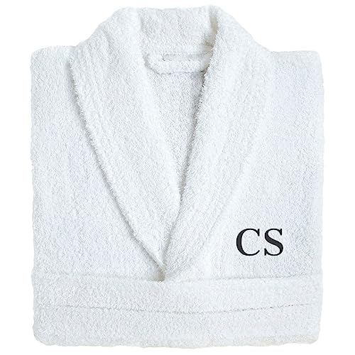 Lanovenanube Albornoz unisex personalilzable para adulto rizo americano 100% algodón. Iniciales bordadas en color negro y una altura de 6 cm aprox. Talla S y color blanco.