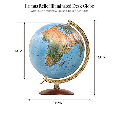 Waypoint Geographic Illuminated Desk Globe With Stand And Raised Relief Features - 1,000'S Of Up-To-Date Named Places & Points Of Interest - Wood Stand (Blue) #TOP2