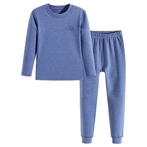 ililmmoe Boy's Cotton Warm Bushed Base Layer Thermal Underwear Set Sports Compression Leggings Pants Shirts Long John Set Denim Blue 120cm Cover