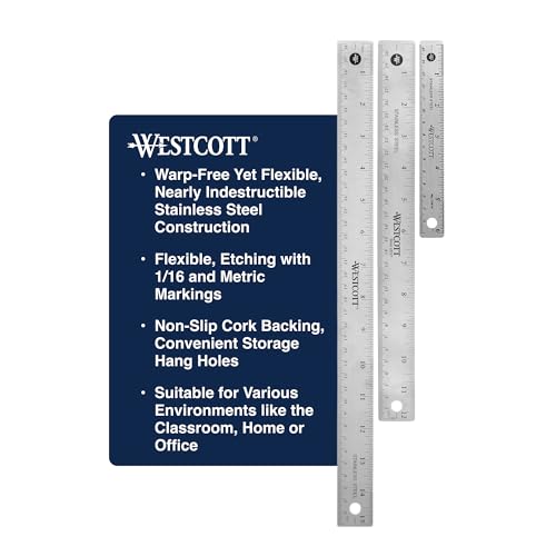 Westcott Stainless Steel Ruler Set with Flexible Design, Non-Slip Cork Base, for Crafting, Office, Classroom, Back to School Supplies, Includes 6-, 12-, & 15-inch Rulers, 3 Pack - Thumbnail 2