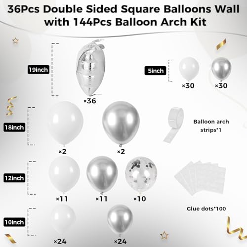 Image of 36pcs Silver Square Foil Balloons Wall Backdrop with 144pcs Balloon Garland Arch Kit, Double Sided Balloons for Bachelorette Baby Shower Birthday Anniversary Graduation Prom Party Decorations