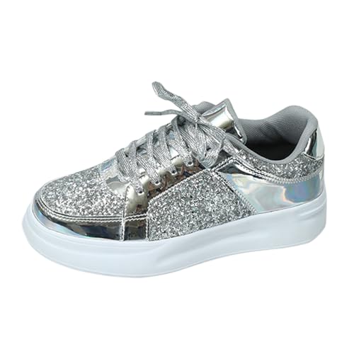 Glitzer-Sneaker für Paare, modische Schnür-Sneaker, glitzernde Schuhe für Damen Herren, Pailletten Schuhe für Damen, sportliche, atmungsaktive Flache Outdoor-Freizeit-Schuhe und Turnschuhe Silber 39