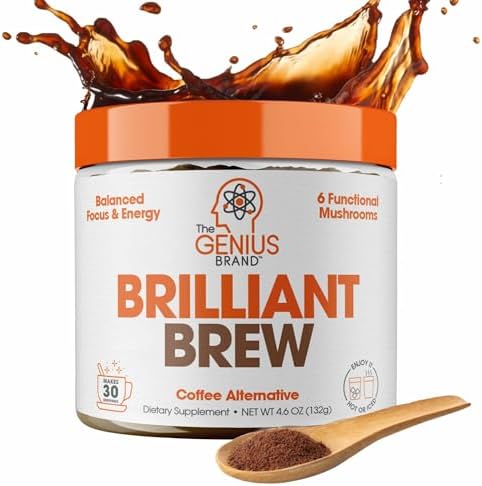 Genius Brilliant Brew, Coffee Alternative- Nootropic Adaptogen Mushroom Coffee Substitute, Zero Sugar, No Preservatives or Artificial Flavors, Non-GMO & Soy-Free