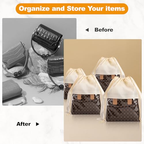 12 PCS Dustproof Drawstring Bags,Breathable Non-Woven Fabric Drawstring Dust Covers,Storage Bags Dust Bag for Handbags Shoes Purses,Beige3