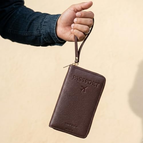 Image of Mensch Faux Leather Travel Passport Holder, RFID Blocking Premium Travel Document Organiser with Secure Zipper Closure Passport Cover & Travel Accessories for Men & Women (D.Brown)