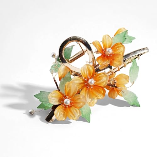Golden Osmanthus Dew Tassel Hair Claw, Orange Flower, Crystal Embellished,