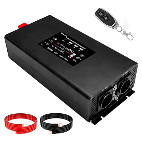 DATOUBOSS Spänningsomvandlare 12v till 230v Ren Sinus 2000w Toppeffekt 4000W med 2 europeiska uttag och 3 USB-portar och LED-display och 1 Type-C port