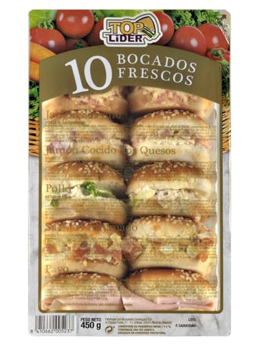 TOP LIDER - 10 bocados variados de Pollo, Salmón Ahumado, Pavo, Jamón Serrano y Jamón Cocido Dos Quesos - Refrigerado - 450 g