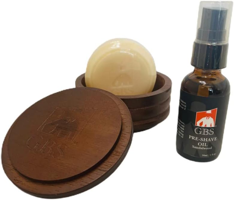 Tigela de Madeira Escura G.B.S para Sabonete de Barbear com Tampa, Sabonete Natural e Óleo Pré-Barba de Sândalo