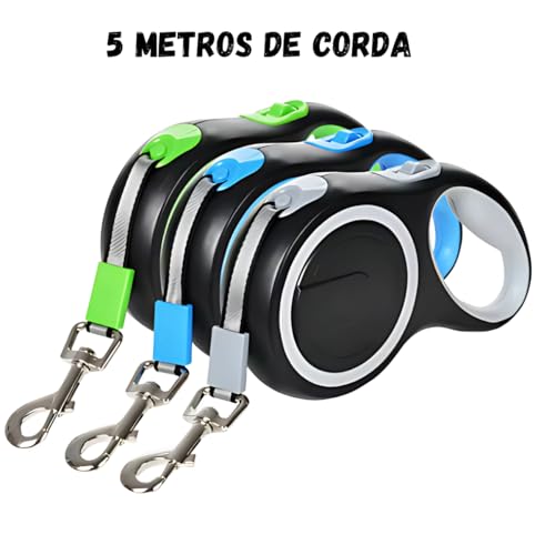 Guia Retrátil Extensível 5 Metros 15kg Premium para Cachorros Botão de Trava Alça Ergonômica Resiste