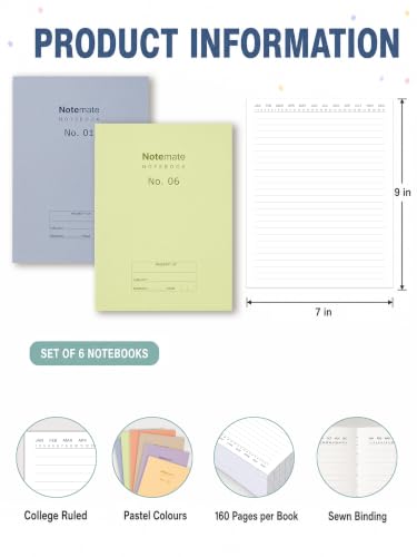Image of DOODLE Notemate A4 Notebook Pack of 6 | 160 Pages Each | Smooth Paper | Minimal Design Notebooks for School, College, Office, Notes, Lists, Study & Everyday Writing