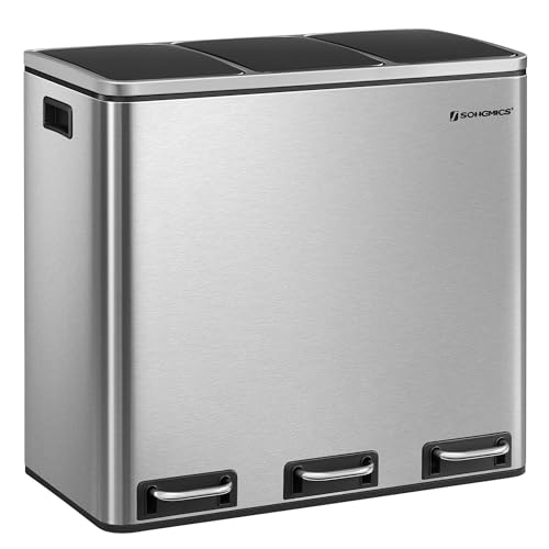 SONGMICS Kitchen Bin 3 x 18 L Recycling Bin 3 Compartment Rubbish Bin for Recycling and Waste 15 Liners Included Soft-Close Lids Pedals Inner Buckets Steel Metallic Silver LTB54NL