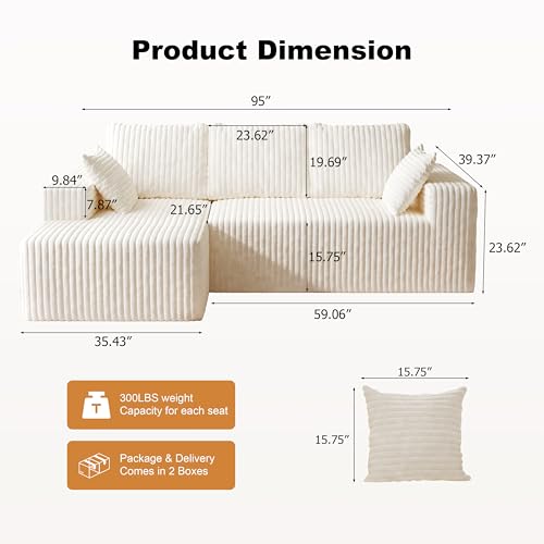 Image of 95 inch Modular Sectional Sofa - Memory Foam Sectional Couches with Deep Seat and Side Pockets，Modular Sofa Couches L-Shape Couch with Chaise, Boneless couches for living room(White, 95 inch+Left Chaise)
