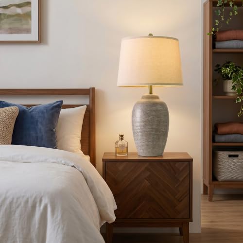 USumkky 29.5" Tall Vintage Ceramic Table Lamp with 5FT Cord - Single Large Rustic Farmhouse Bedside Lamp with Linen Shade & Natural Textured Finish, Nightstand Table Lamp for Bedroom End Table,Grey by USumkky - Used condition - Image 4