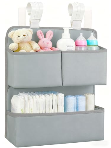 KIKJOK Hanging Diaper Organizer for Bassinet/Crib/Playpen/Playard Hold 80+ Diapers - Changing Table Diaper Holder Attachment Accessories- Diaper Stacker Nursery Caddy Organizer (Gray)