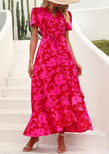 Image of PRETTYGARDEN Women's Summer Wrap Maxi Dress Casual Boho Floral V Neck Short Sleeve Ruffle Hem Split Beach Long Dresses