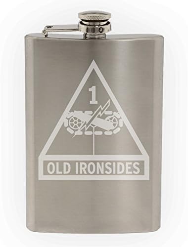 US Army - 1 División Blindada SSI - Parche Old Ironsides grabado con frasco de acero inoxidable de 8 onzas