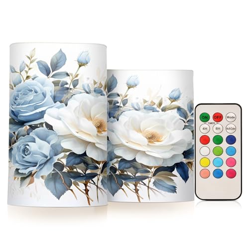ALAZA Blue White Flowers Flickering Flameless Candles Battery Operated with Remote Timer,Tea Light Candles LED Pillar Votive Candles Set of 2 for Outdoor Indoor Decorations