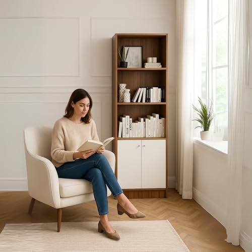 Image of Amazon Brand - Solimo Aura Bookshelf | Engineered Wood | 60L x 30W x 180H CM | White & Oak | DIY (Do-It-Yourself)