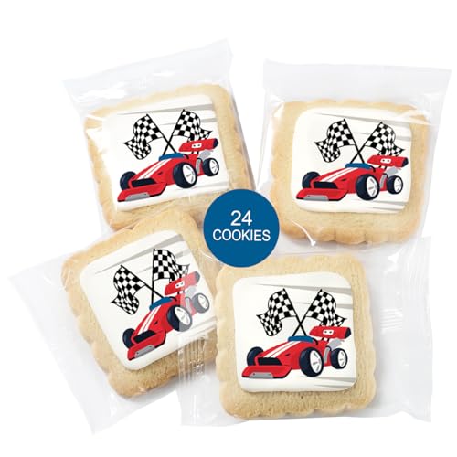 Image of Race Car Themed Cookies Party Favors | Individually Wrapped 24 Pack Bulk | for Kids Birthday Treats | Red Black White Raceway Race Track Black White Checkered Racing Theme