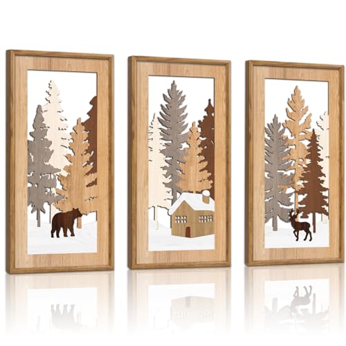 KAIRNE Winter Wooden Wall Art Set, 3pcs 8X16 Vintage Wood