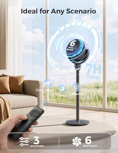 COWSAR Standing Fan for Bedroom, 20dB Quiet Floor Fan, 150°+120°Auto Oscillating Pedestal Fan with Remote, 6 Speeds 3 Modes, 7H Timer, DC Motor, 2 Heights, Air Circulator Fan, Grey — view 3