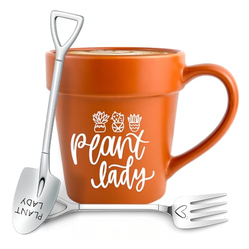 Plant Lady Coffee Mug with Shovel Spoon & Fork, Funny Gardening Gifts for Women, Plant Lover Gift for Mom Grandma, Cute Gardener Present with Plants Puns, Unique Birthday Mother's Day Gift for Her