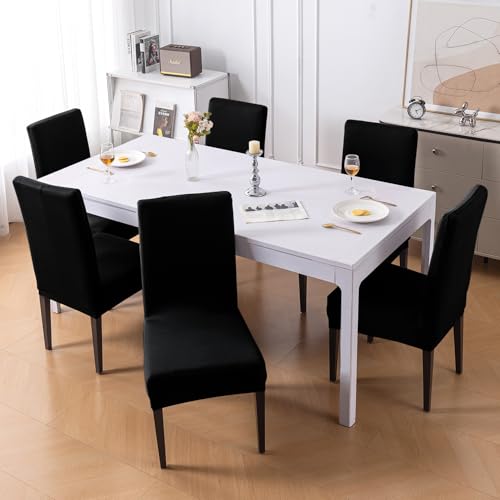 Image of HOKIPO 'SereneSolids' Stretchable 140 GSM Dining Chair Cover, Fully Covered - Set of 6, Black (AR-6246-BLK)