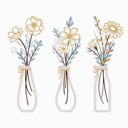 3-Piece Gold & Blue Boho Metal Flower Wall Decor- Minimalist Wire...