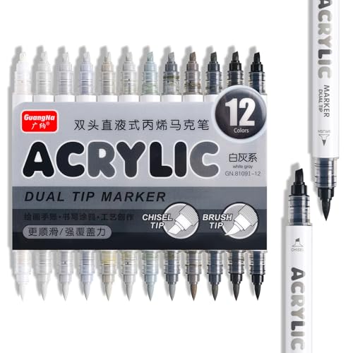 Kander 12 Colors Dual Tip Acrylic Paint Markers Gray and Black Color Extra Fine & Soft Brush Pen Set with Direct Ink Flow for Sketching Detailing Coloring on Wood Canvas Rock Glass DIY Crafts