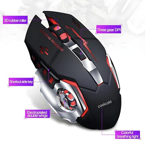 Image of COOLCOLD Gaming Mouse | Rechargeable, Wireless Gaming Mouse | with Type c OTG Dongle, 2.4Ghz RGB Lights Mice, Upto 2400 DPI 6 Button, 4 Color Breathing Lights, Distance-10m, (Black)
