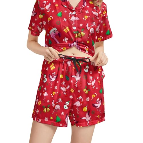 Image of Funny Satin Pajamas Set for Women Button Down Sleepwear Print Pjs Set 2 Piece Short Sleeve Loungewear Gift for Women