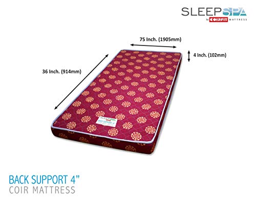 Image of SLEEPSPA Back Support Orthosense Cocopedic Tech. 4 Inch Single Size Coir Foam Mattress (LxW: 75X36 Inch) Back Pain Relief, Cotton Fabric, Stress Relief Sleep, Orthopedic Bed Mattress, 5 Year Warranty
