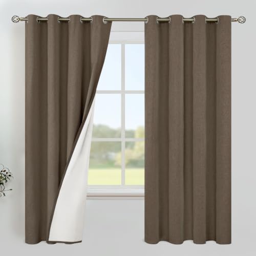Image of YoungsTex Brown Linen Blackout Curtains 63 Inches Long for Bedroom, Room Darkening Window Drapes with Grommet Thermal Insulated Black Out for Living Room, 2 Panels, 52 X 63 Inch