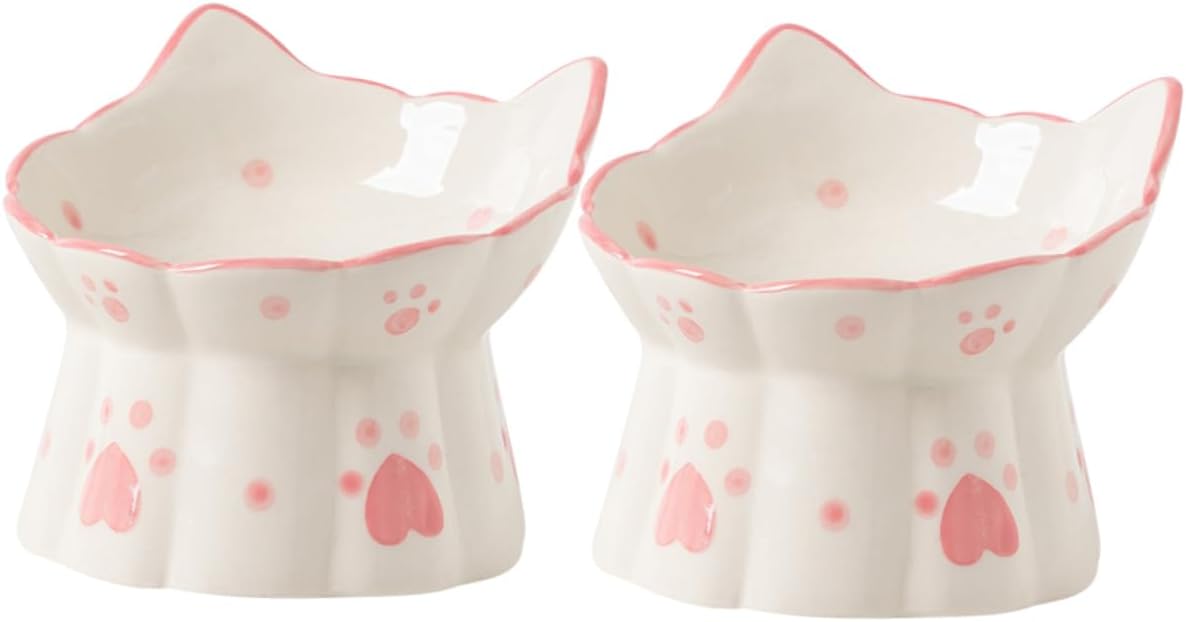Garneck 2pcs Elevated Ceramic Cat Bowls Neck Protection Feeding Dish for Pets Unique Design Prevents Spills Comfortable Height for Easy Eating and Drinking and Nonslip Base