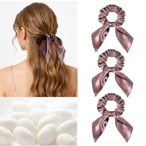 Image of THXSILK 100% Mulberry Silk Bow Scrunchies 3-Pack, 22 Momme Mulberry Silk Hair Ties for Women, Cute Bunny Ear No Damage Ponytail Holders, Fashion Hair Accessories for Girls(M, Purple)