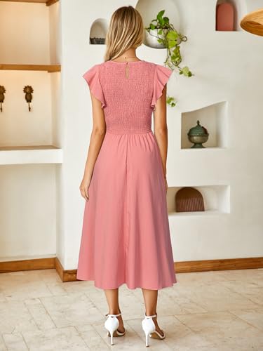 Image of Simplee Womens Striped Midi Summer Dress Linen Smocked Flutter Short Sleeve Dress Flowy Casual Dress with Pockets