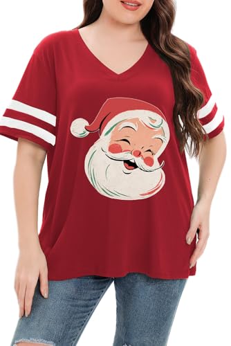 Womens Plus Size Christmas V Neck Shirt Funny Xmas Holiday Graphic Short Sleeve Top Family Holiday T-Shirt Blouse