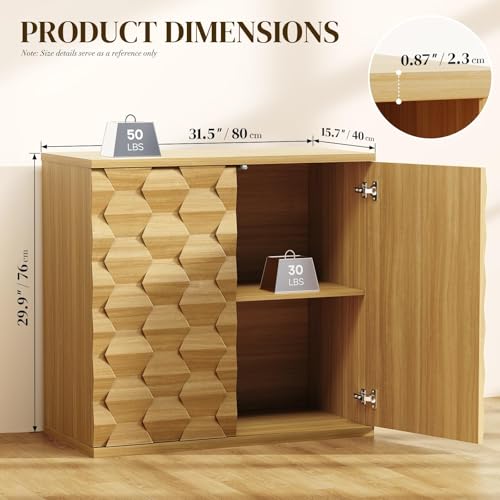 BROTTAR Sideboard Buffet Cabinet with Storage, Modern Fluted Accent Credenzas Cabinet with Unique 3-Dimensional Craft, 31.5\" Coffee Bar Console Table for Entryway, Kitchen, Dining Room, Natural