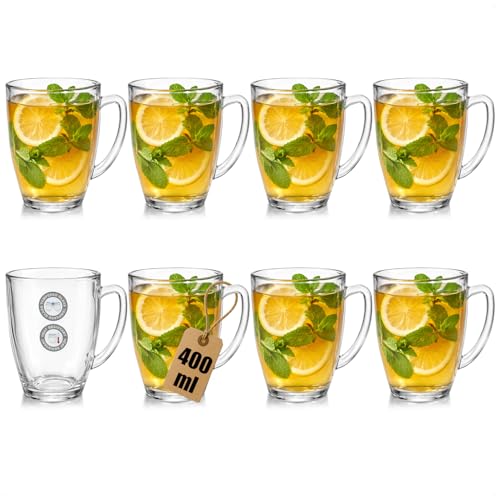 com-four® 8x Teeglas aus gehärtetem Glas - 400ml hitzebeständige Kaffeetassen - Große Trinkgläser mit Henkel für Tee, Kakao, Kaffee und Cappuccino (08 Stück - 400ml)