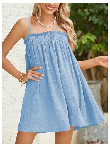 Image of MakeMeChic Women's Babydoll Dress Sleeveless Swing Shirred Mini Dresses | Beach, Summer, Sundress, Ruffle, Casual Dress, Flowy Dress