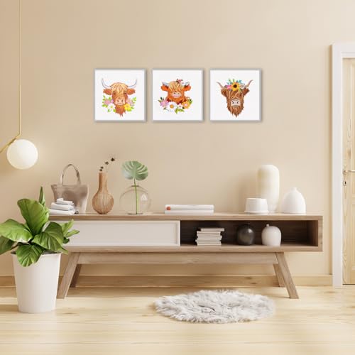 Image of Louise Maelys 3 Sets Embroidery Kits for Beginners,Cross Stitch Kit for Adults,Starters DIY Needlepoint Including Hoop -Highland Cow and Florals Pattern